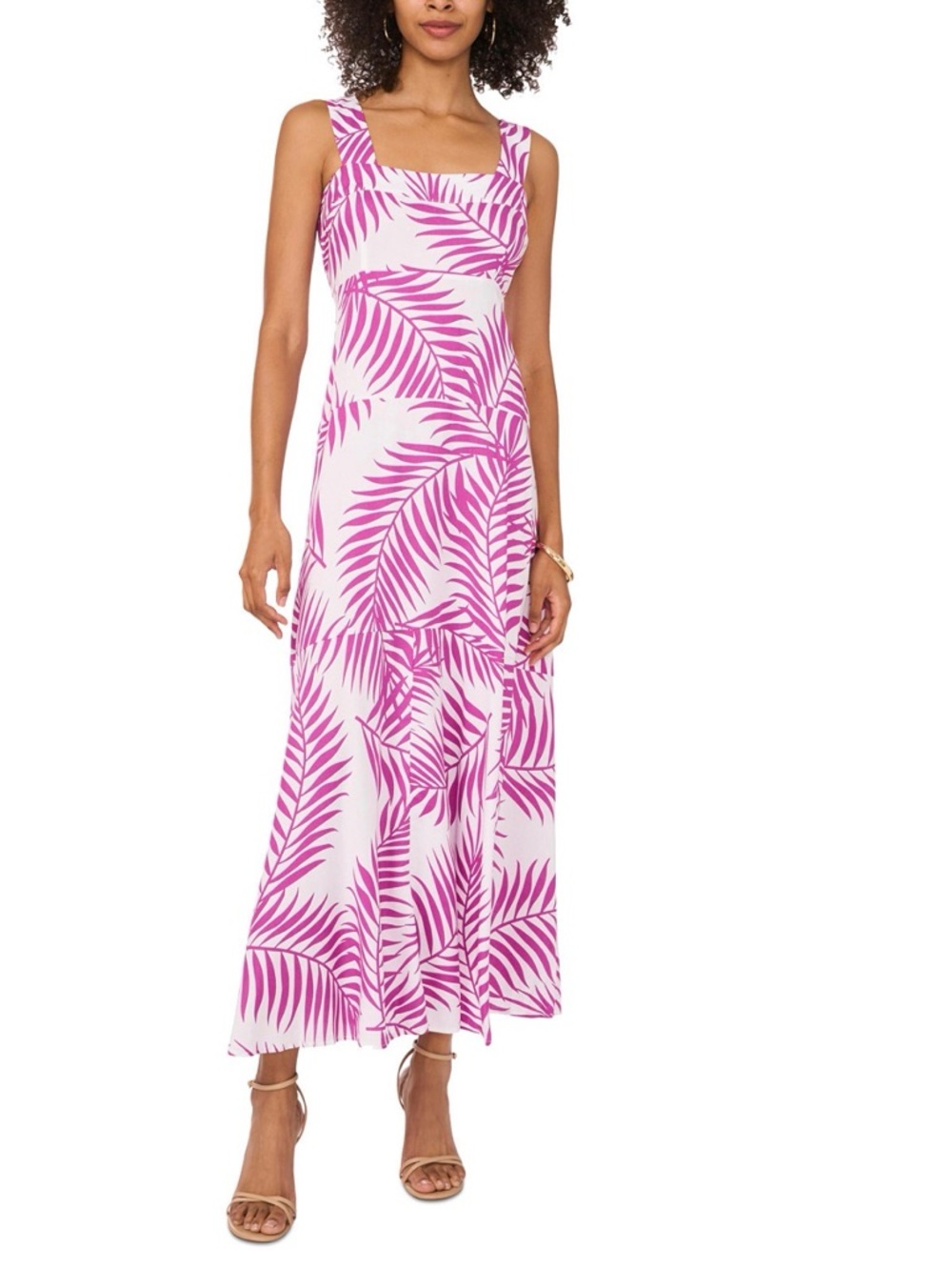 Vince Camuto White and Magenta Palm-Print Maxi Dress